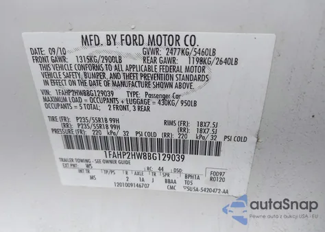 2011 Ford Taurus Sel z USA, uszkodzony, nr VIN 1FAHP2HW8BG129039